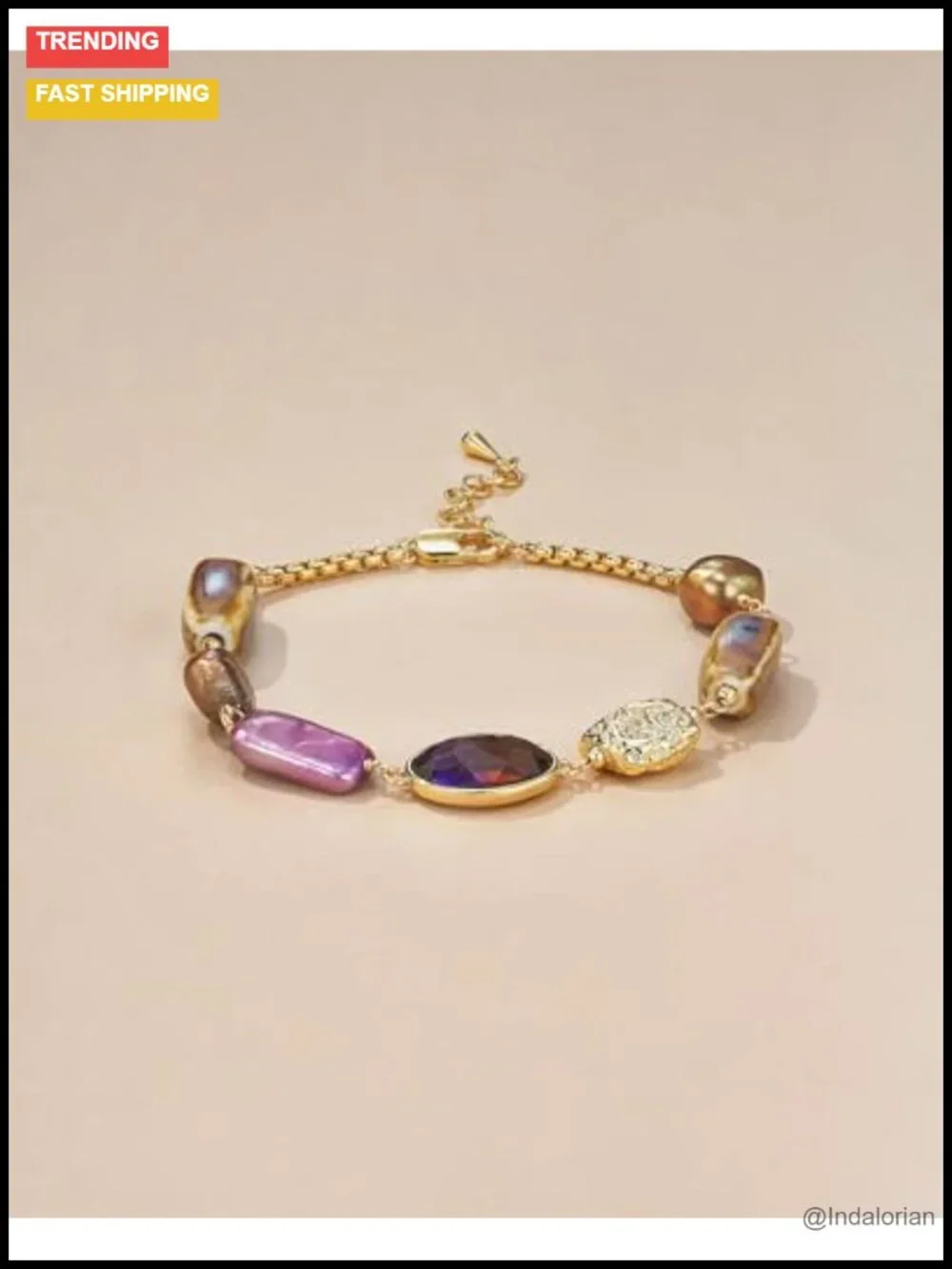 Gold Plated Beaded Bracelet Adjustable Pearl Shell Turquoise Gemstone